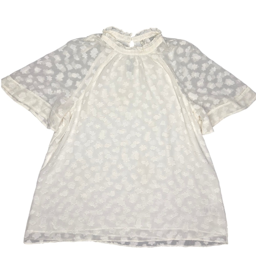 Feather Bone Anthropologie Blouse L Ivory Dot Ruffle Neck Short Sleeve